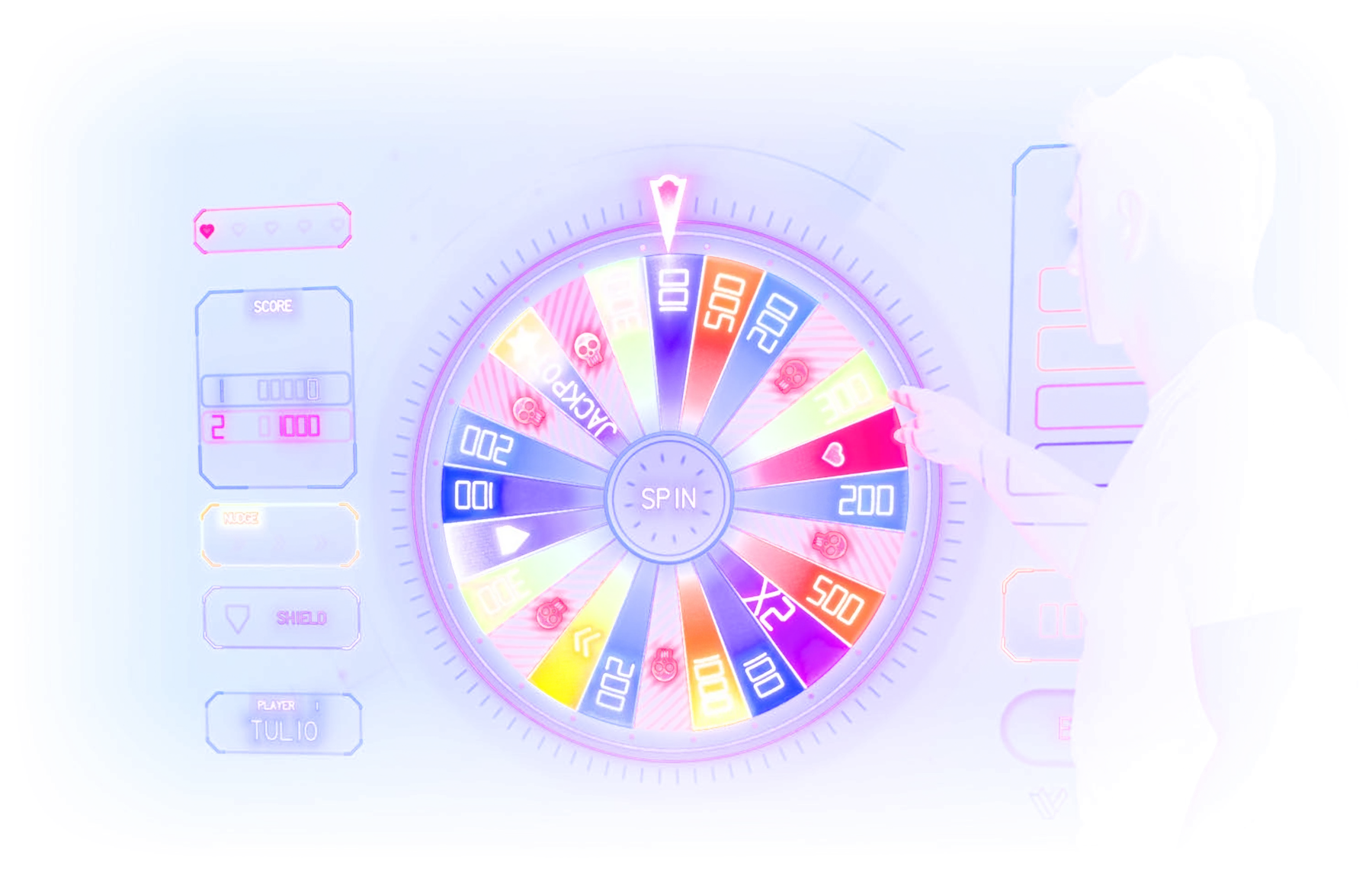 Someone reaching out to spin the Lucky Wheel immersive game, projected on a wall